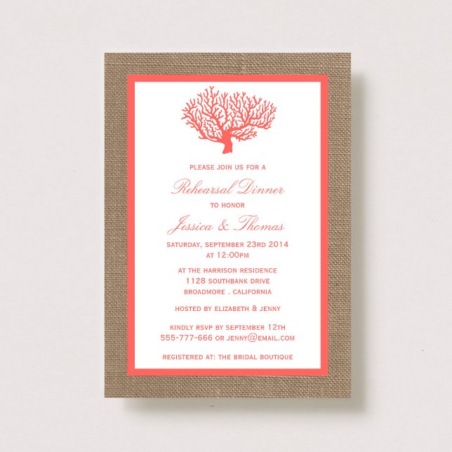 Coral on Burlap Boho Beach Rehearsal Dinner Inbjudningar (Skapare uppladdad)