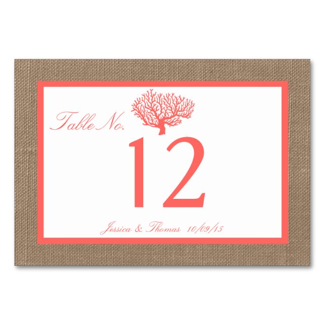Coral on Burlap Boho Beach WedCollection Bordsnummer (Framsidan)