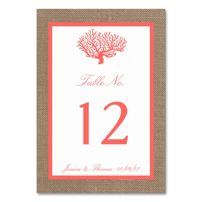 Coral on Burlap Boho Beach WedCollection Bordsnummer (Framsidan)