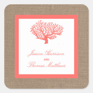 Coral on Burlap Boho Beach WedCollection Fyrkantigt Klistermärke