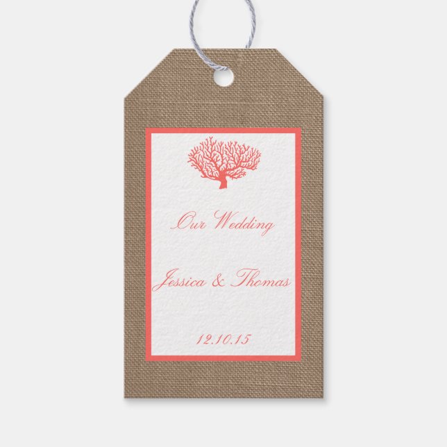 Coral on Burlap Boho Beach WedCollection Presentetikett (Framsidan)