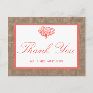 Coral on Burlap Boho Beach WedCollection Vykort