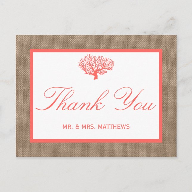 Coral on Burlap Boho Beach WedCollection Vykort (Framsida)