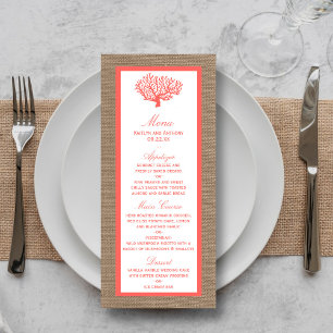 Coral on Burlap Boho Beach Wedding Menu Reklamkort