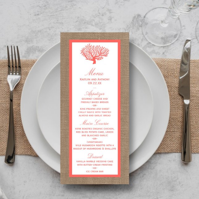 Coral on Burlap Boho Beach Wedding Menu Reklamkort (Skapare uppladdad)