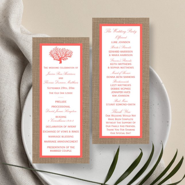 Coral on Burlap Boho Beach Wedding Program (Skapare uppladdad)