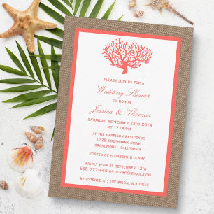Coral on Burlap Boho Beach Wedwer Shower Inbjudningar