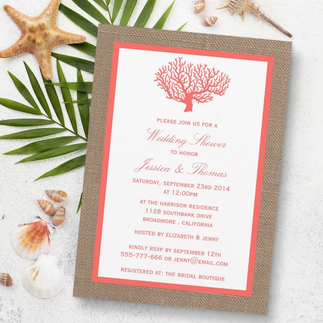 Coral on Burlap Boho Beach Wedwer Shower Inbjudningar (Skapare uppladdad)