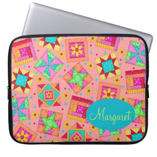 Coral Orange Analize Patchwork Quilt Block Art Laptop Fodral