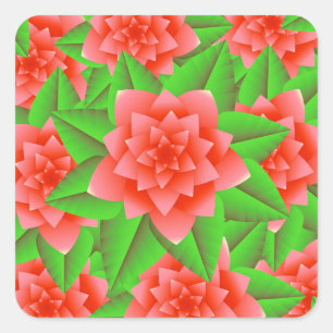 Coral Orange Camellias och Grönt Löv Fyrkantigt Klistermärke