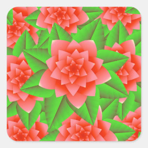 Coral Orange Camellias och Grönt Löv Fyrkantigt Klistermärke