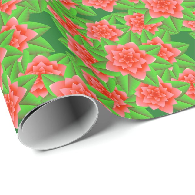 Coral Orange Camellias och Grönt Löv Presentpapper (Rullad Hörn)