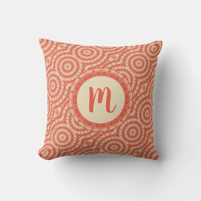 Coral Orange Cream Circular Kaleidoscopes Monogram Kudde (Framsida)