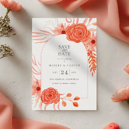 Coral Orange Floral Elegant Wedding Spara Datumet