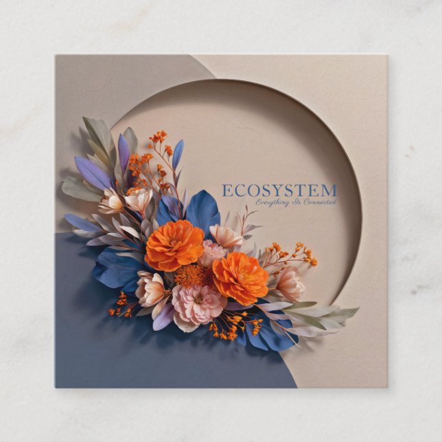 Coral Orange Floral Navy Geometric Circle Fyrkantigt Visitkort (Framsida)