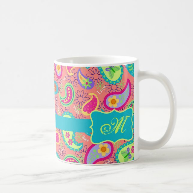 Coral Orange Modern Paisley Mönster Monogram Kaffemugg (Höger)