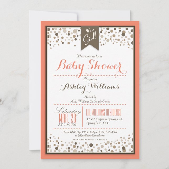 Coral Orange, White och Taupe Modern Baby Shower Inbjudningar (Framsida)