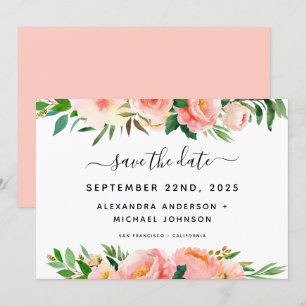 Coral Peach Blommigt Greenery Spara datuminbjudan Inbjudningar