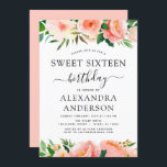 Coral Peach Blommigt Sweet sixteen 16 Birthday Inv Inbjudningar<br><div class="desc">Coral,  Peach and white Blommigt och Eucalyptus Grey Botanical Vår eller Summer Pastel Sweet sixteen (16:e) Födelsedagsfest Firande - innehåller vackra manustypografi med elegant med moderna botaniska blommor och grönenergi för speciella födelsedag.</div>