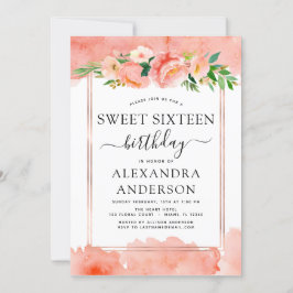Coral Peach Blommigt Sweet sixteen 16 Födelsedag Inbjudningar