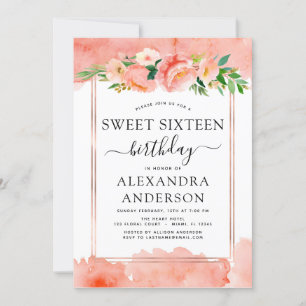 Coral Peach Blommigt Sweet sixteen 16 Födelsedag Inbjudningar