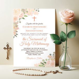 Coral Peach Boho Blommigt Modern katolisk Bröllop Inbjudningar