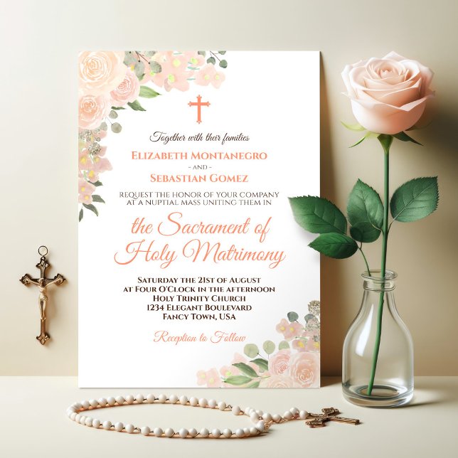 Coral Peach Boho Blommigt Modern katolisk Bröllop Inbjudningar (Skapare uppladdad)