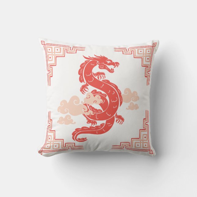 Coral Peach Chinoiserie Dragon och Clouds Kudde (Framsida)