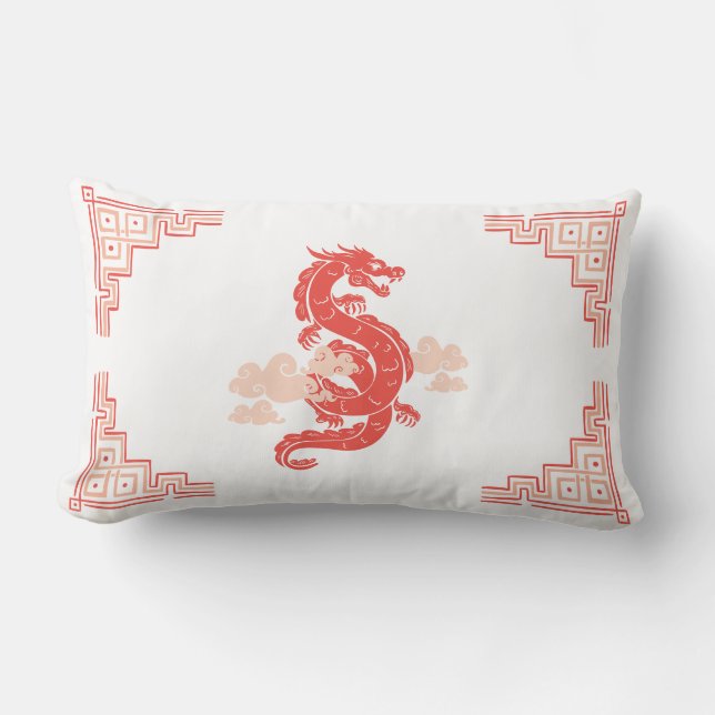 Coral Peach Chinoiserie Dragon och Clouds Lumbarkudde (Framsida)