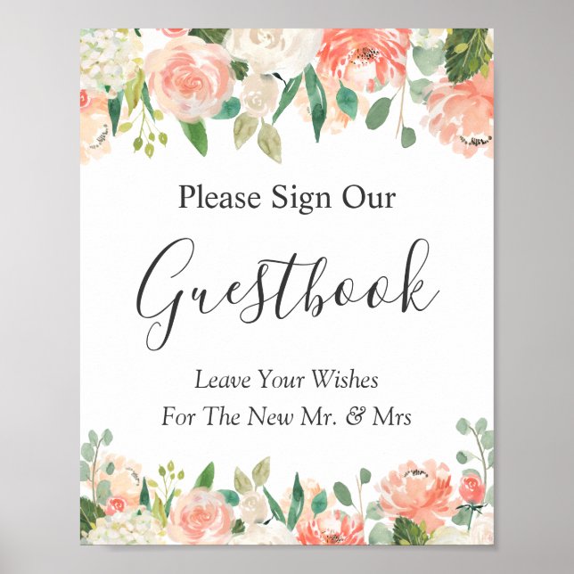 Coral Peach Garden Blommigt Bröllop Guestbook-teck Poster (Framsidan)