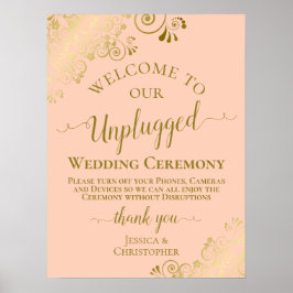 Coral Peach & Guld Chic Unplugged Bröllop Ceremony Poster