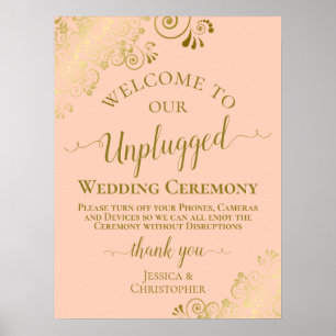 Coral Peach & Guld Chic Unplugged Bröllop Ceremony Poster