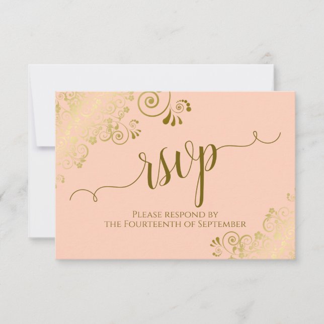 Coral Peach Guld Snöre Elegant Calligraphy Bröllop OSA Kort (Framsida)