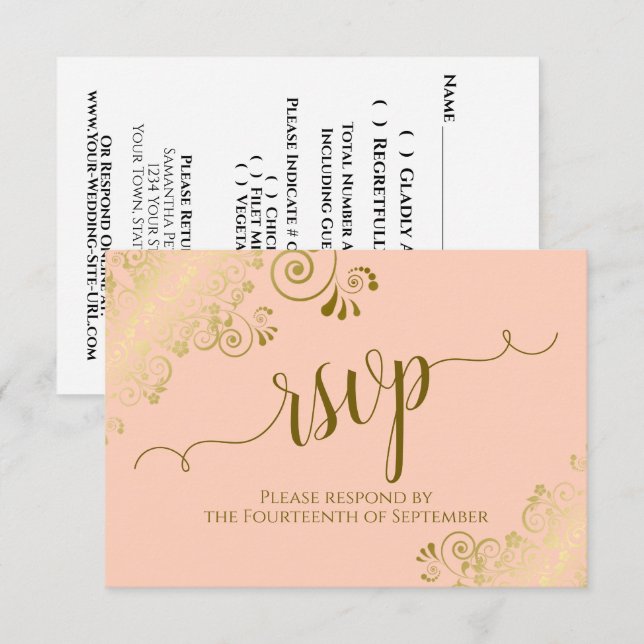 Coral Peach Guld Snöre Elegant Calligraphy Bröllop OSA Kort (Fram/baksida)