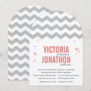 Coral Peach Navy Grått Zig Zag Typography Bröllop Inbjudningar