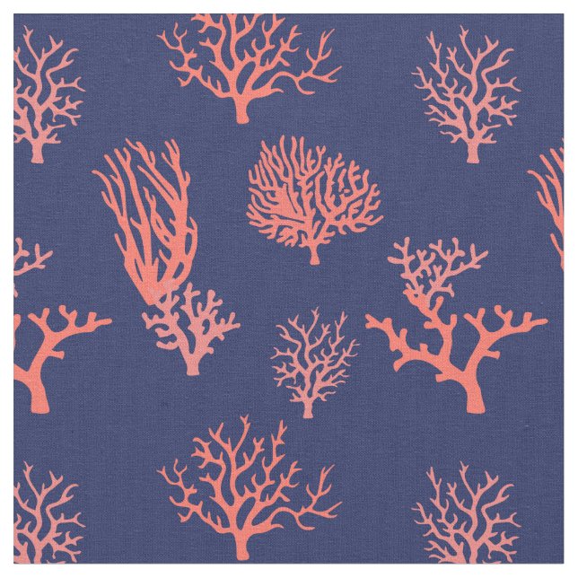 Coral Peach och Navy Blue Patterned Tyg (Närbild)