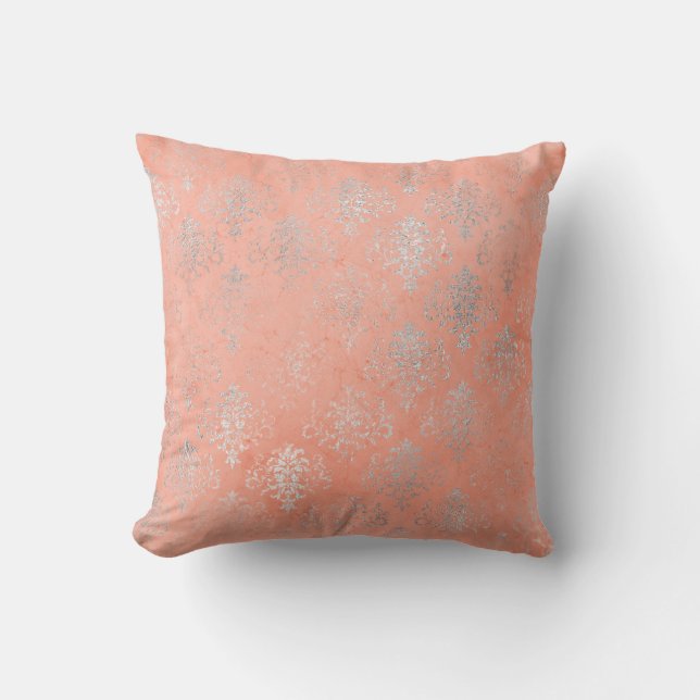 Coral Peach Salmon Damask  Silver Ro Blommigt Kudde (Framsida)