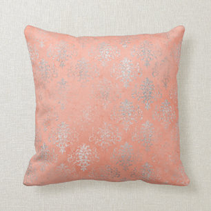 Coral Peach Salmon Damask Silver Ro Blommigt Kudde