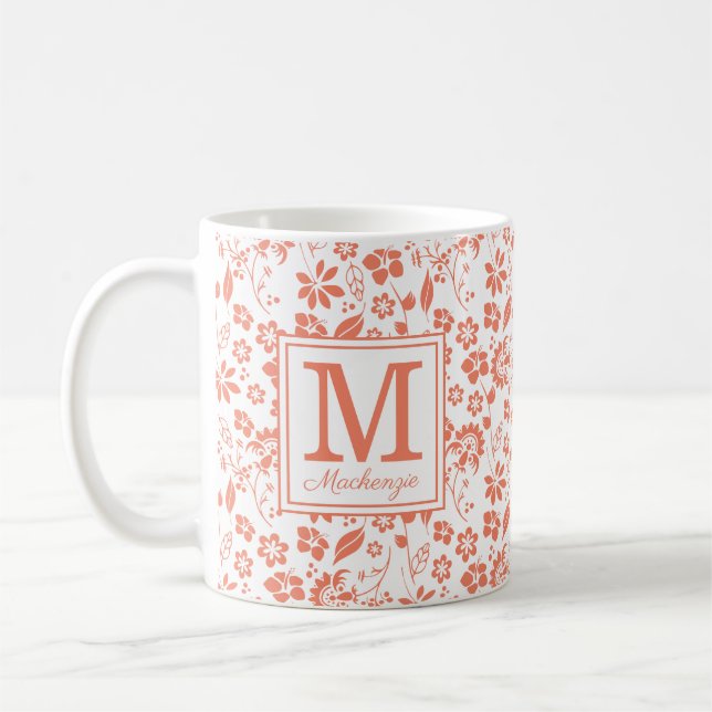 Coral Peach Tropical Flowers Monogram Kaffemugg (Vänster)