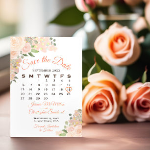 Coral Peach Watercolor Blommigt Bröllop Calendar Spara Datumet