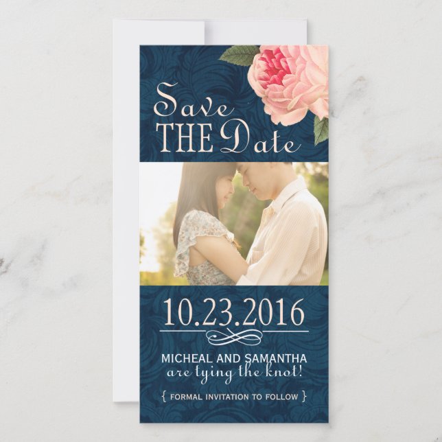 Coral Peonie och Navy Save Date Photo Cards Spara Datumet (Framsida)