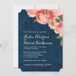Coral Peonie on Navy Wedding bjudande Inbjudningar