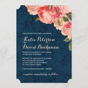 Coral Peonie on Navy Wedding bjudande Inbjudningar