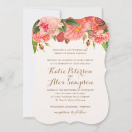 Coral Peonie på bröllopsinbjudan till Guld Glitter Inbjudningar