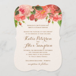 Coral Peonie på bröllopsinbjudan till Guld Glitter Inbjudningar
