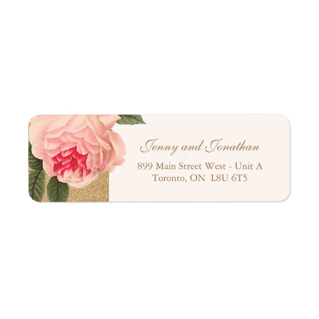 Coral Peonie vid Returetiketterna Guld Glitter Returadress Etikett (Framsidan)