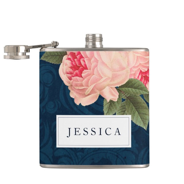 Coral Peonies and Navy Feathers Bridesmaid Flask Fickplunta (Öppnad)