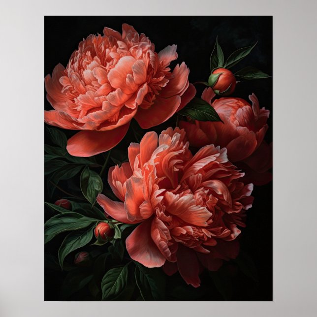 Coral Peony Flowers Art Print Poster (Framsidan)