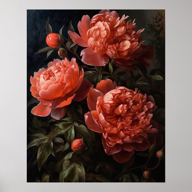 Coral Peony Flowers Art Print Poster (Framsidan)