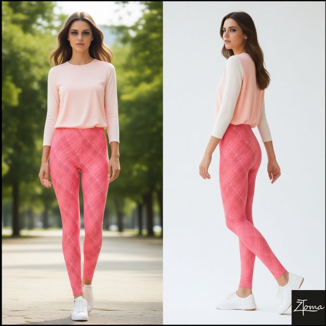 Coral Pink Diagonal Glitch Woven Plaid Leggings (Skapare uppladdad)